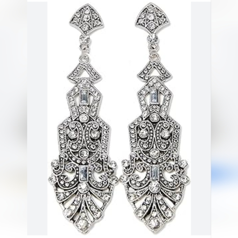 Retro style designed Austrian Crystal Silver Dangle Earrings